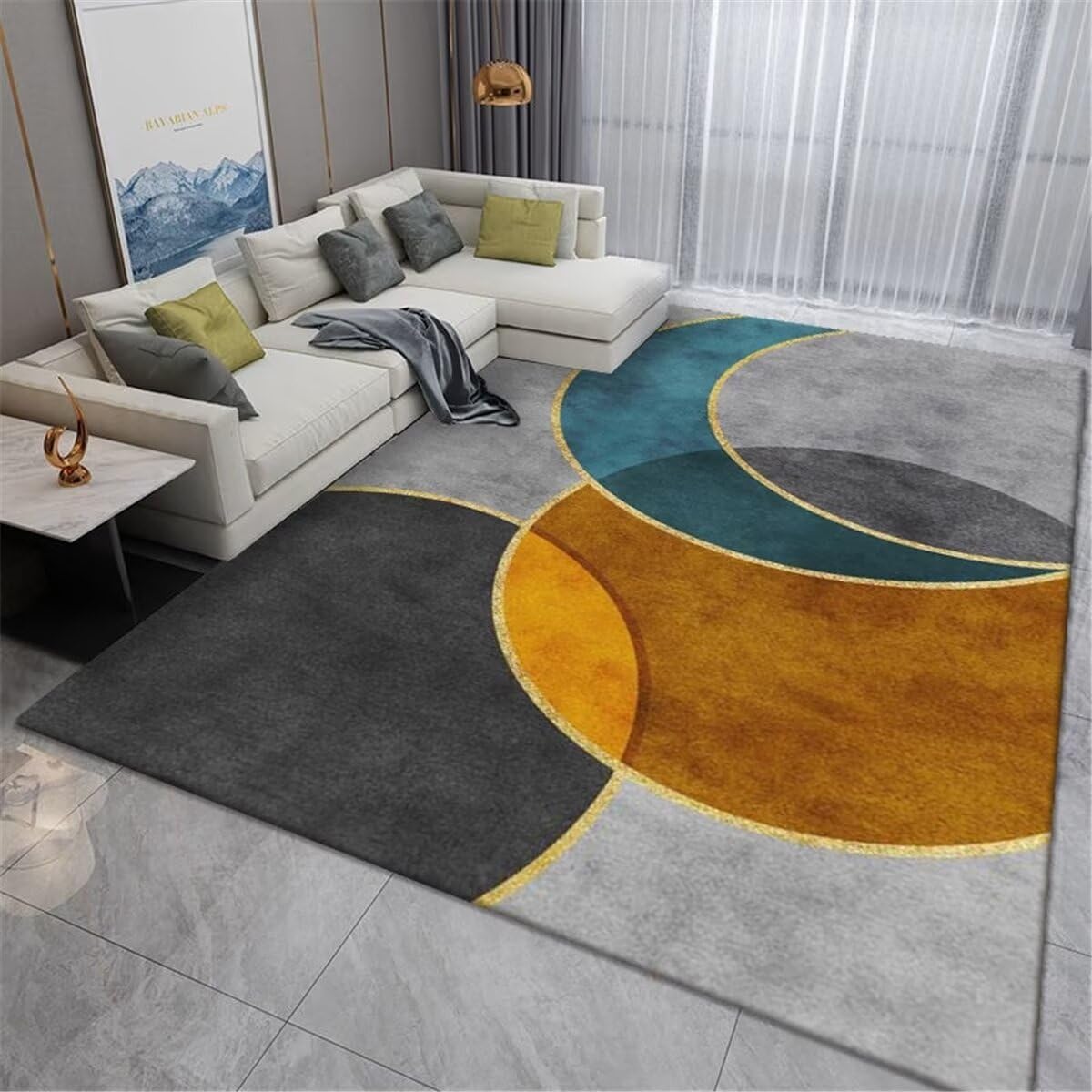 Tapis de salon géométrique jaune et bleu en demi-cercle 200X260CM