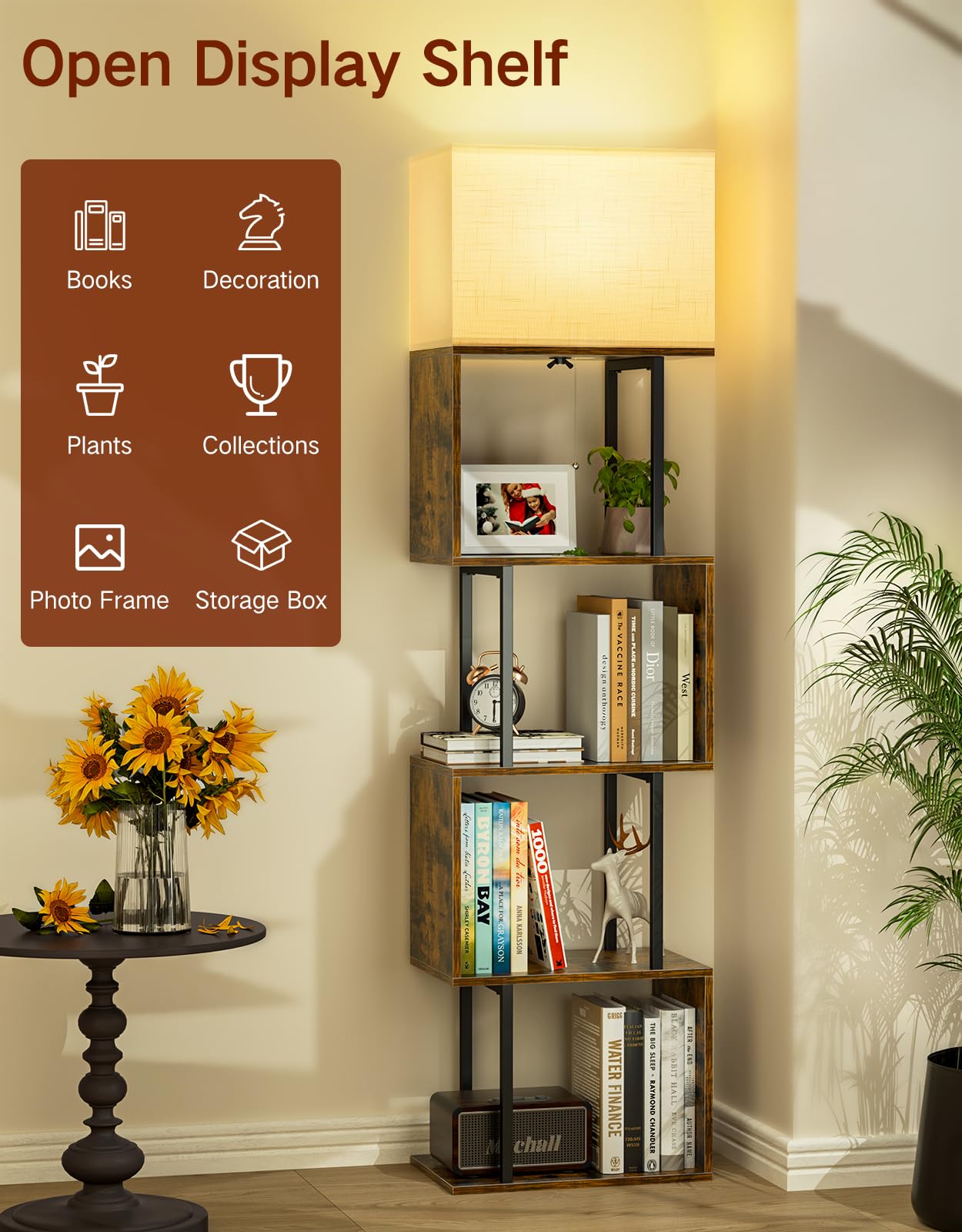 Lampadaire avec Étagère en S à 5 Niveaux, Lampe LED avec 3 Températures de Couleur et Télécommande, Design Moderne pour Salon, Chambre et Bureau