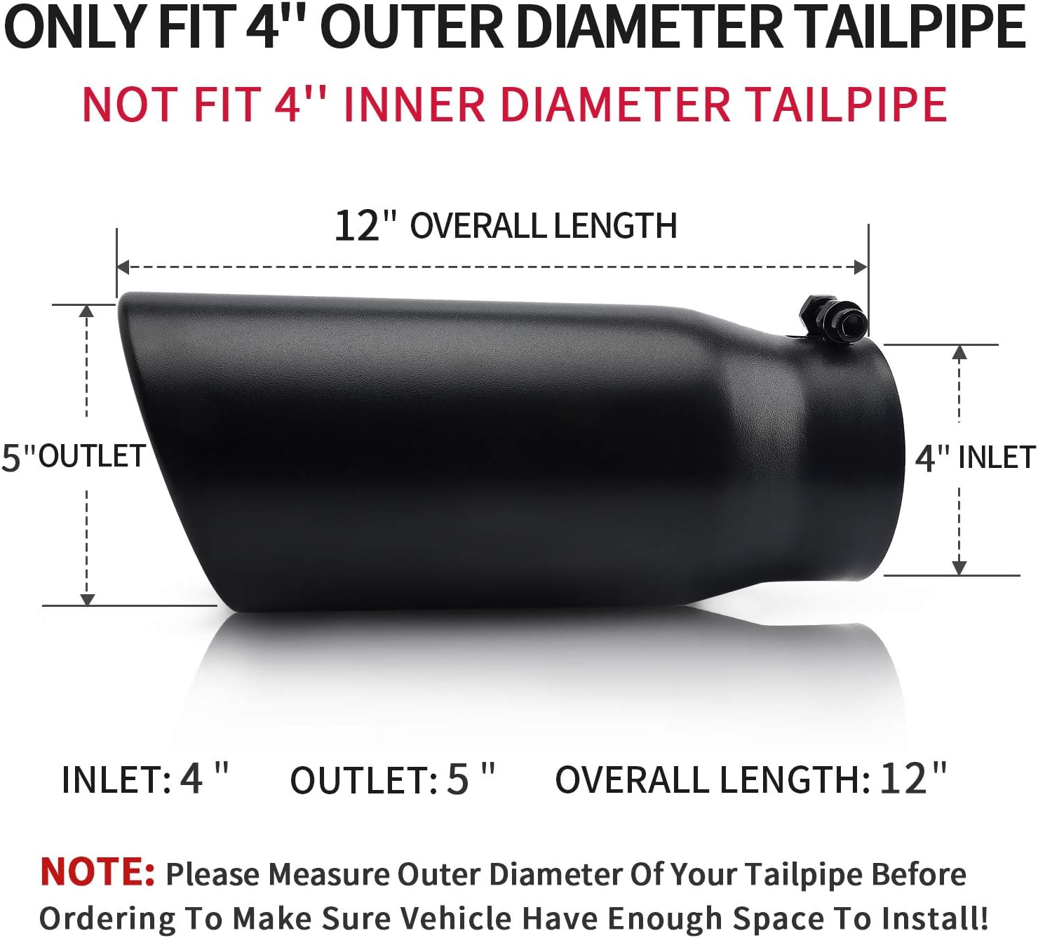 4 inch Exhaust Tip, MONOKING Universal Bolt On 4 inch Inlet Black Exhaust Tips for Truck Car Stainless Steel Tailpipes 4" Inlet 5" Outlet 12" Overall Length