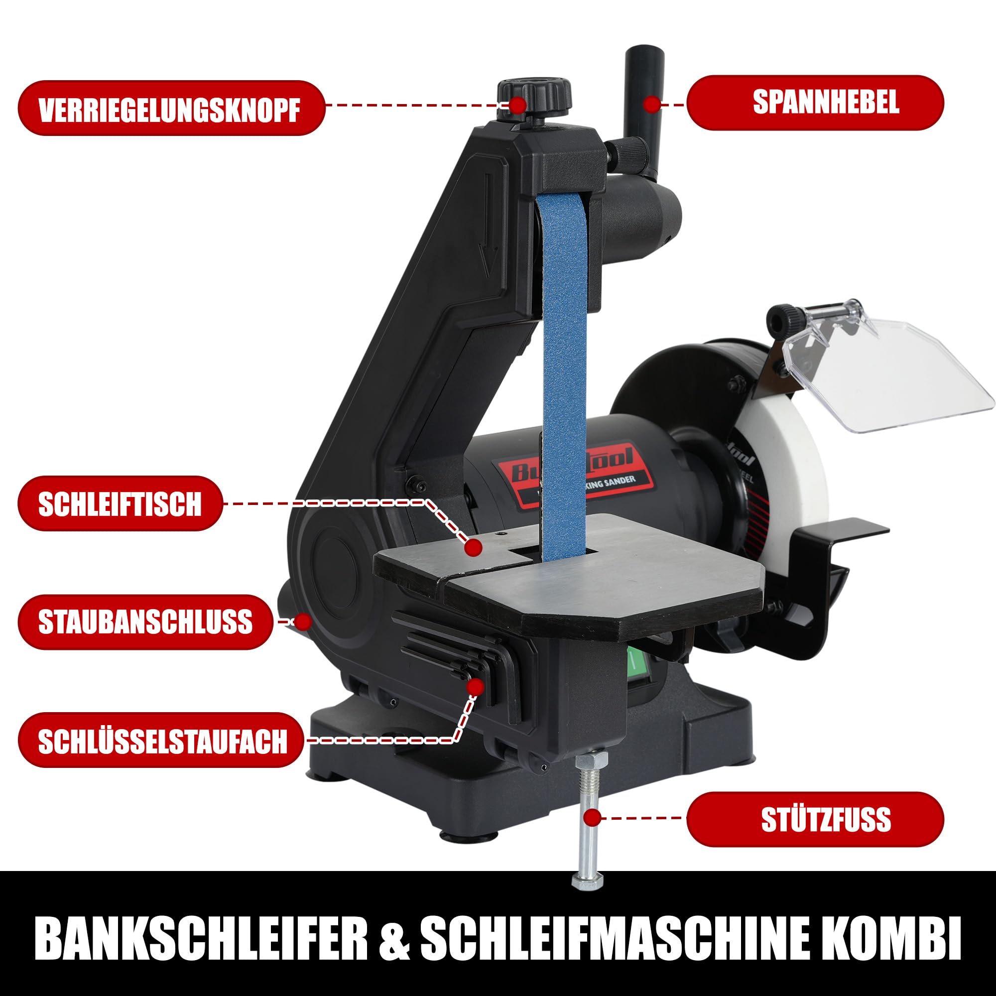 BUCKTOOL Bande abrasive et disque abrasif combiné de 250 W, bande de 25,4 x 762 mm et disque de 150 mm, rangement des clés et retrait facile du couvercle de la courroie