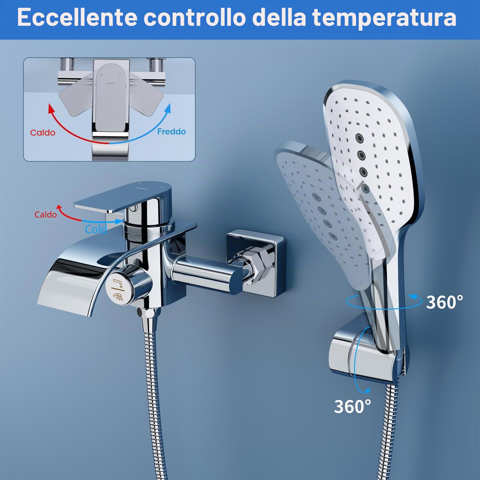 rubinetto per vasca da bagno con doccetta a mano, cascata e miscelatore in ottone 3 funzioni, interruttore a pressione