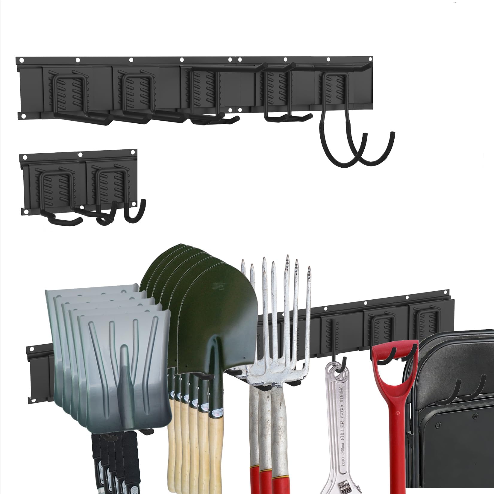 Garage Tool Organizer Wall Mount, 48 Inch Heavy Duty Garden Tool Organizer Storage System, Easy Install with 7 Adjustable Tool Hooks, for Garage, Basement, Shed, Workshop, Black, Steel