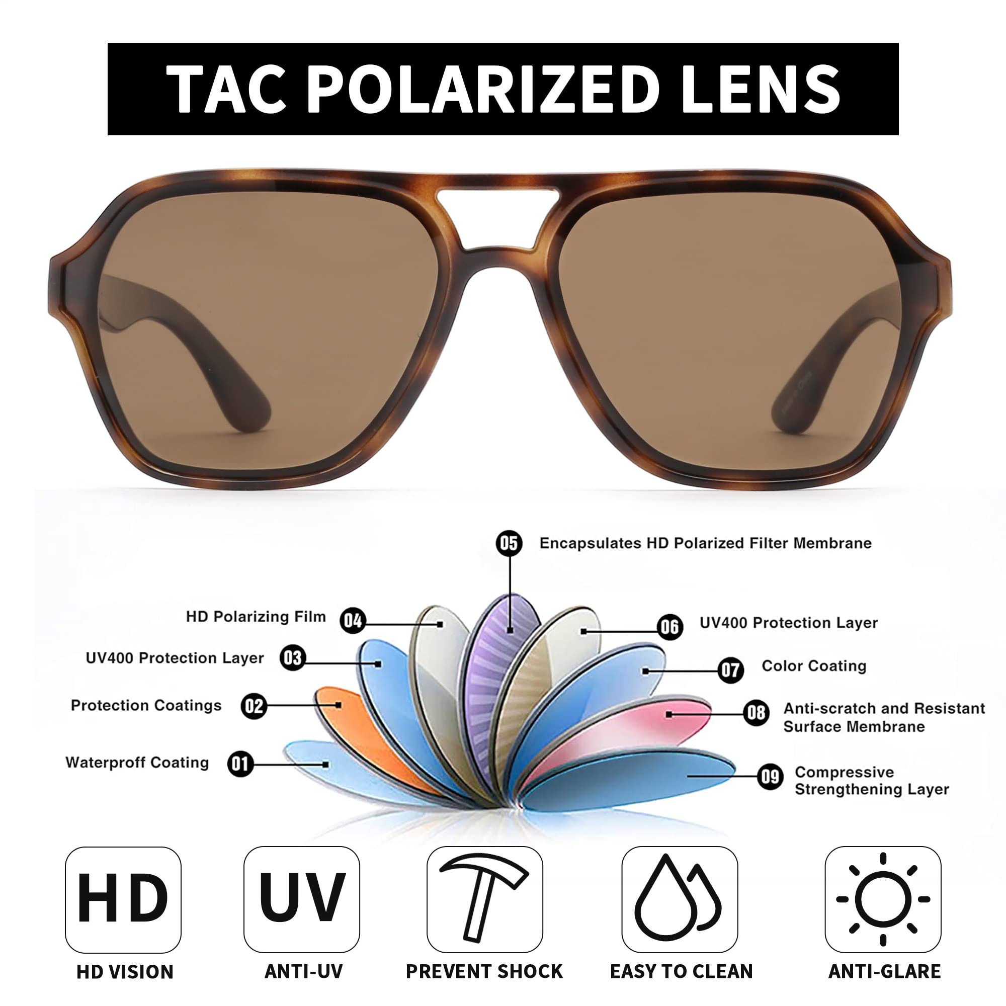 Gafas de sol polarizadas estilo aviador para hombre y mujer, gafas cuadradas de gran tamaño, Marco de tortuga/lente marrón polarizado 4