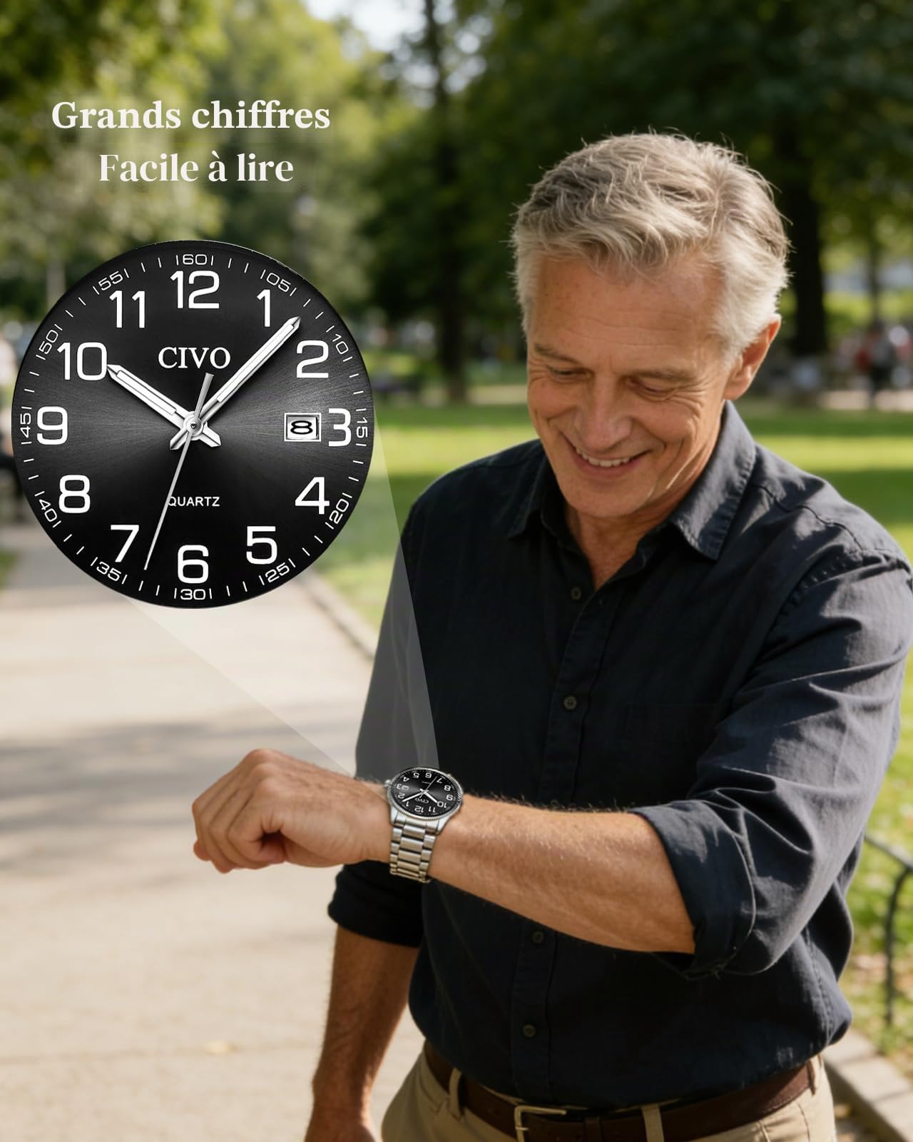 CIVO Lecture Facile Montre Homme: Acier Argent Analogique Quartz Montre Bracelet Etanche Date Lumineuses - Grands Nombres pour Personnes Âgées Ayant Une Mauvaise Vue