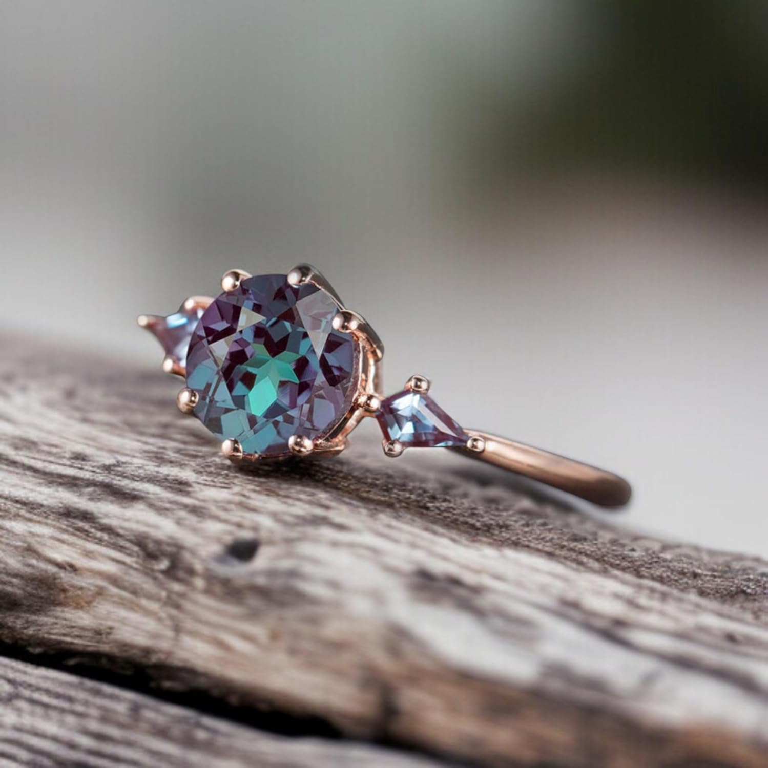 Vintage 1ct Round Cut Alexandrite Engagement Ring, 14k Gold Color-change Alexandrite Wedding Ring, Cluster Moonstone Anniversary Ring Gift