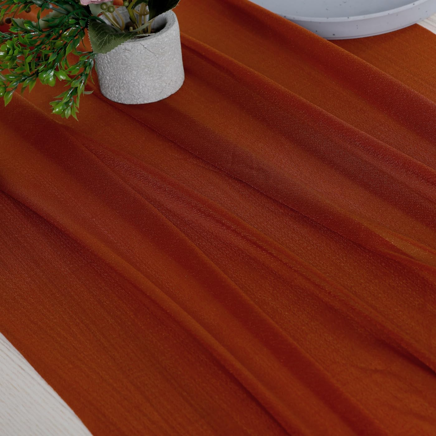 VDS 10ft Chiffon Table Runner 29x120 Inches Shimmer Sheer Centerpiece Cloth for Wedding Bridal Shower Birthday Graduation Engagement Ceremony Event Party Banquet Table Decoration (5 PC)(Terracotta)