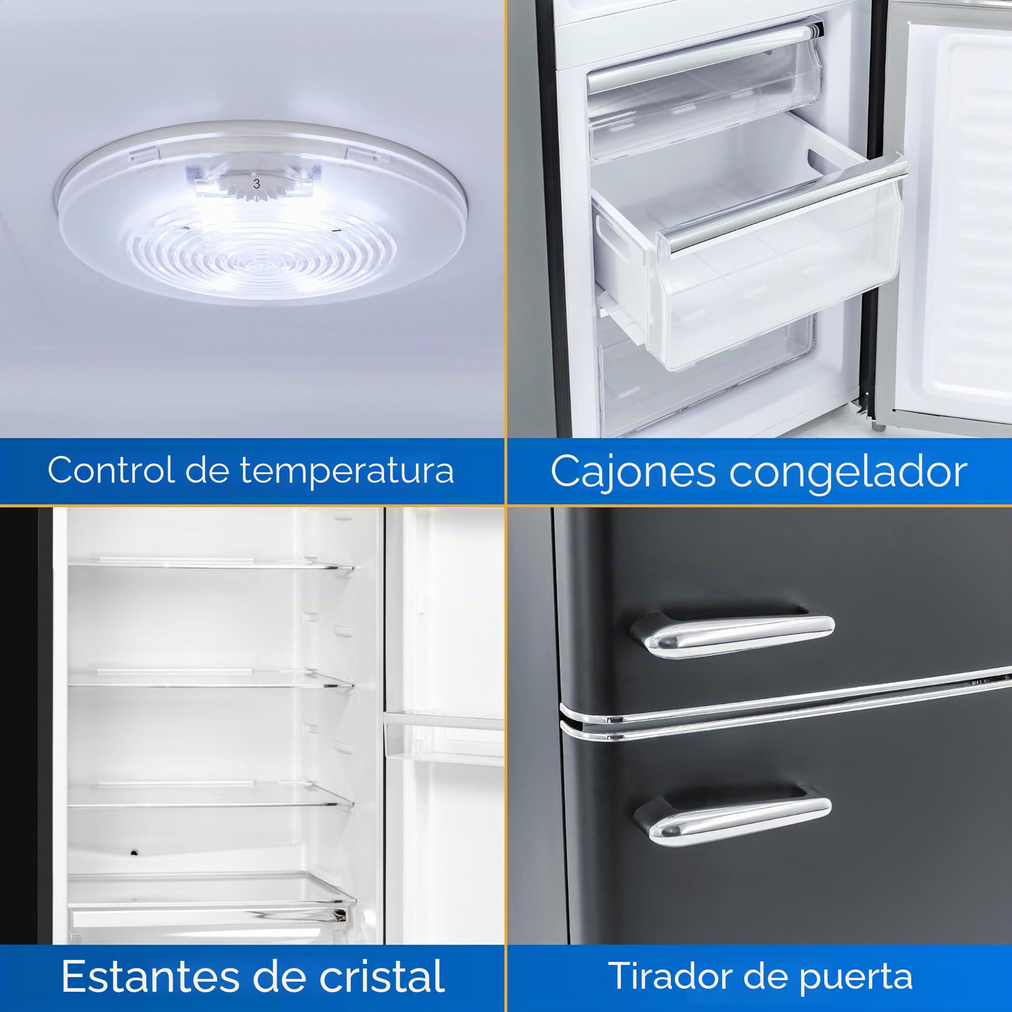 Exquisit® Frigorífico Combi Retro, 244L, Clase E, Color Negro Mate, Estantes de Cristal, Altura Regulable, Cajon Verdulero, Ruedas Traseras, Luz interna, Consumo 202 kWh/año, Medidas 183x54,5x57,5 Cm. | Frigorífico retro de 244 L, color negro, asas cromad