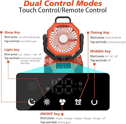Miniatura 7 de Ventilador portátil de campamento recargable de 20000 mAh, máximo de 68 horas de funcionamiento, ventiladores de tienda de campaña con linterna LED,