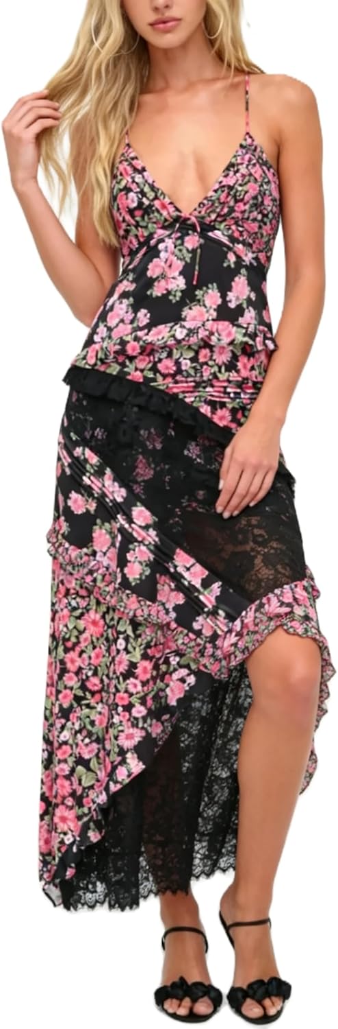 Women Y2k Floral Smocked Maxi Dress Bow Tie Shoulder Tiered Ruffle Midi Sun Dress Boho Casual Beach Long Dresses