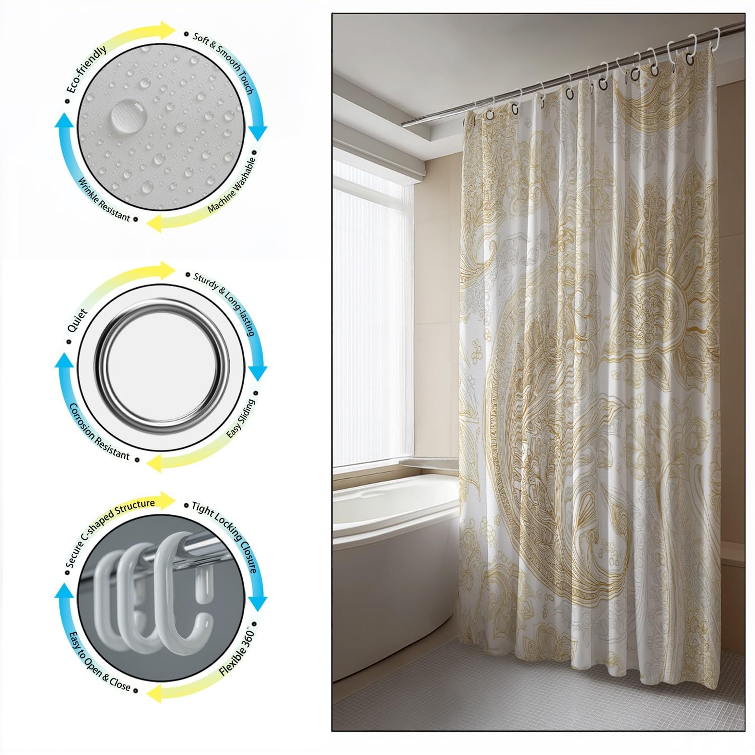 Generico Moderno Tenda Da Doccia Lusso Fantasia paisley Beige Bianco, Tenda Da Doccia Per Bagno, Vasca Da Bagno, Tenda In Poliestere Impermeabile Con Ganci In Plastica, 180 x 200 cm