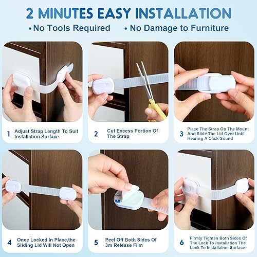 Miniatura 6 de Paquete de 10 cerraduras de gabinete a prueba de bebés, a prueba de niños, con cerraduras adhesivas 3M de seguridad para niños, para refrigerador,