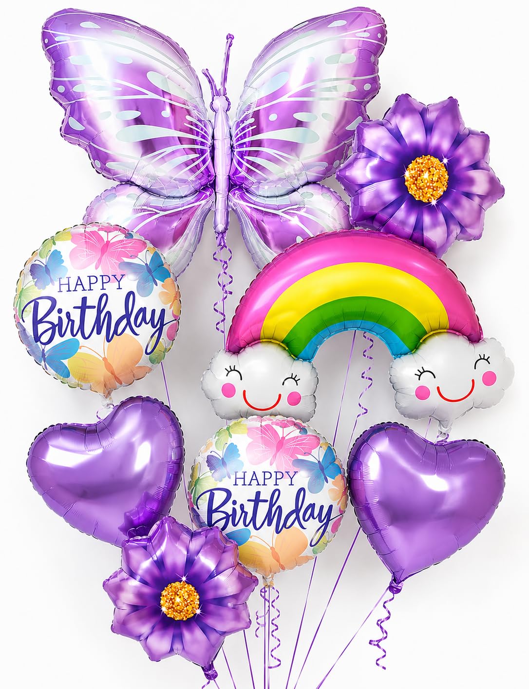 AMFIN (Pack of 8) Butterfly Theme Birthday Balloon Bouquet Purple Metallic Finish Foil Women Girls Decoration Item Kit Rainbow Flower-image-18