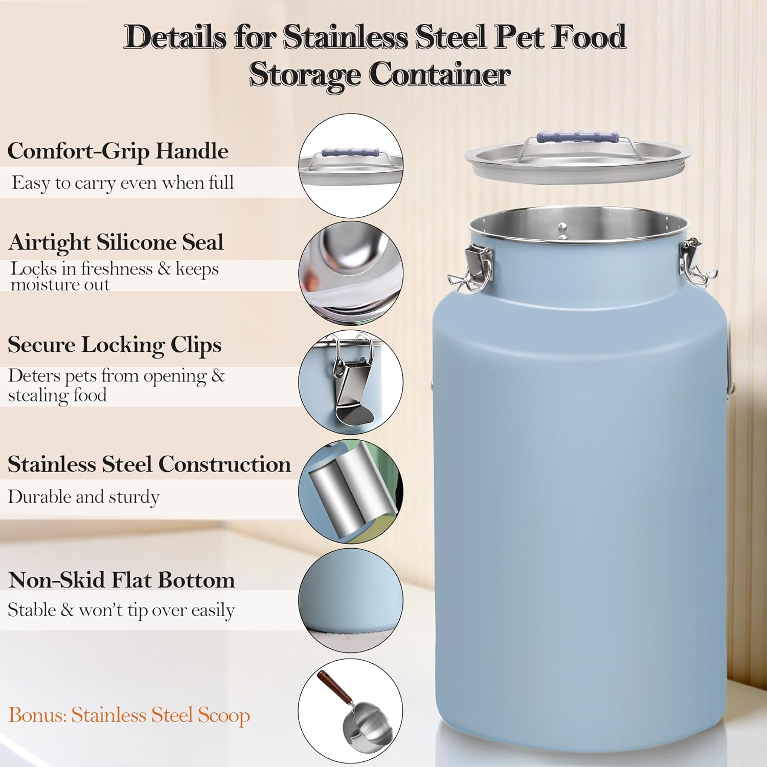 30 lb Stainless Steel Dog Food Storage Container, Airtight Metal Canister with Lid & Scoop, Extra Large Capacity for Multi-Pet Families, Preserve Freshness