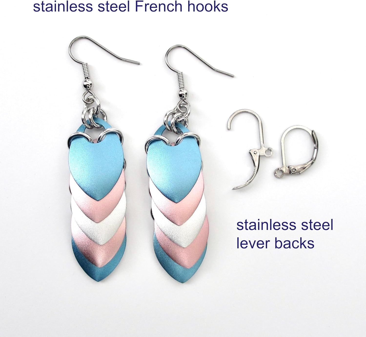 Transgender pride earrings, 5 stripe trans flag, handmade LGBTQ chainmail scales jewelry
