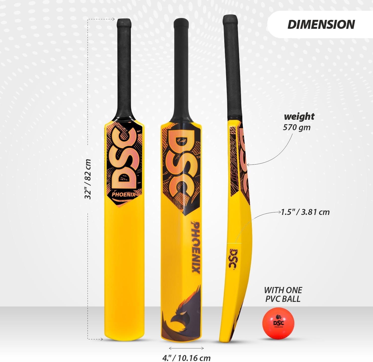 DSC Phoenix Plastic Bat with PVC Ball - Ideal for Tennis and Gully/Turf Cricket Bat, Color - Yellow, Size - 6 (12-15 Yrs)