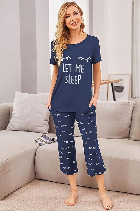 Ekouaer Pyjama Dames Korte Mouw 3/4 Lange Capri Broek Pyjama Set Zomer Pyjama Tweedelig kort, Zwart, L, zwart, L
