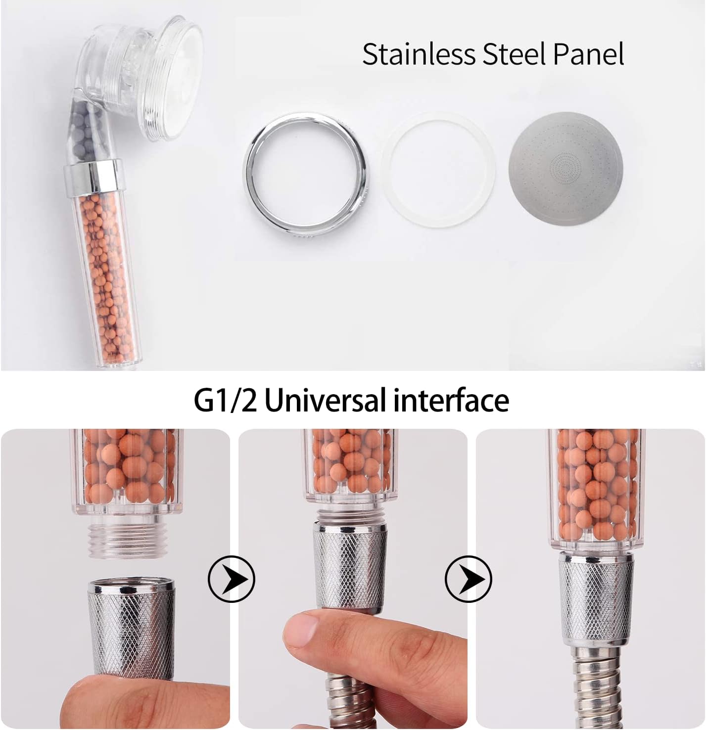 Installation steps for the VEHHE shower head showing connection to a G1/2 universal interface.