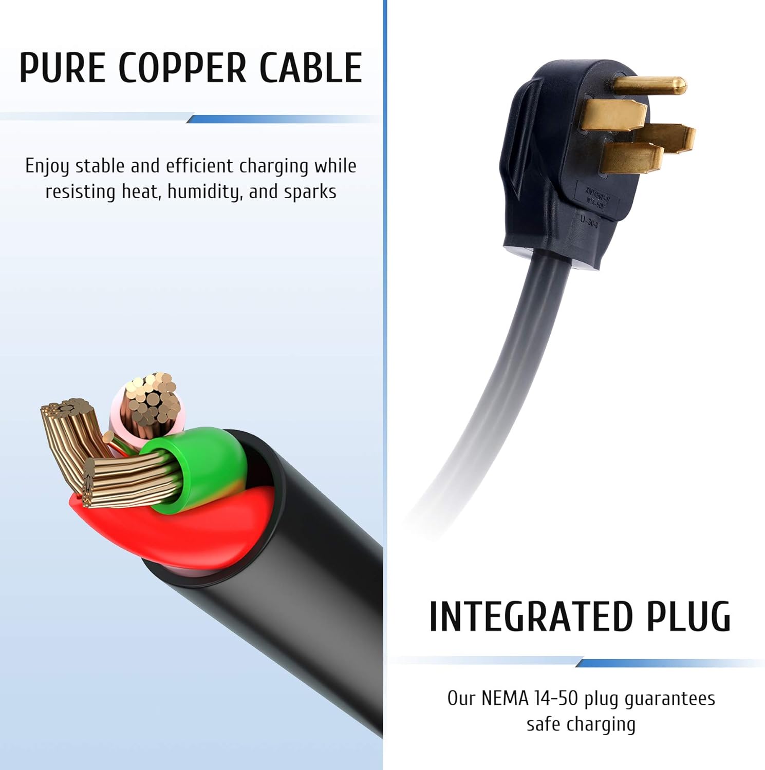 Image showing the NEMA 14-50 plug and a cross-section of the pure copper cable.