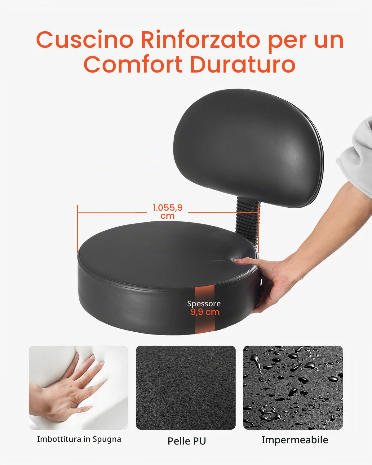 VEVOR Sgabello Girevole con Supporto per Schiena e Ruote, Capacità 204 kg, Sgabello Girevole Rotondo in Pelle, Sgabello Ispessita Regolabile in Altezza per Salone Spa Massaggi Clinica, Nero