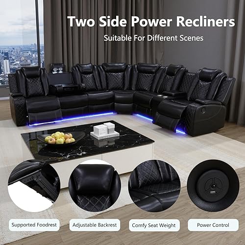 Miniatura 5 de Sofá seccional reclinable eléctrico, sofá de cuero negro con reclinables, sofá de cuero de aire con luces LED, puerto USB, portavasos para sala de