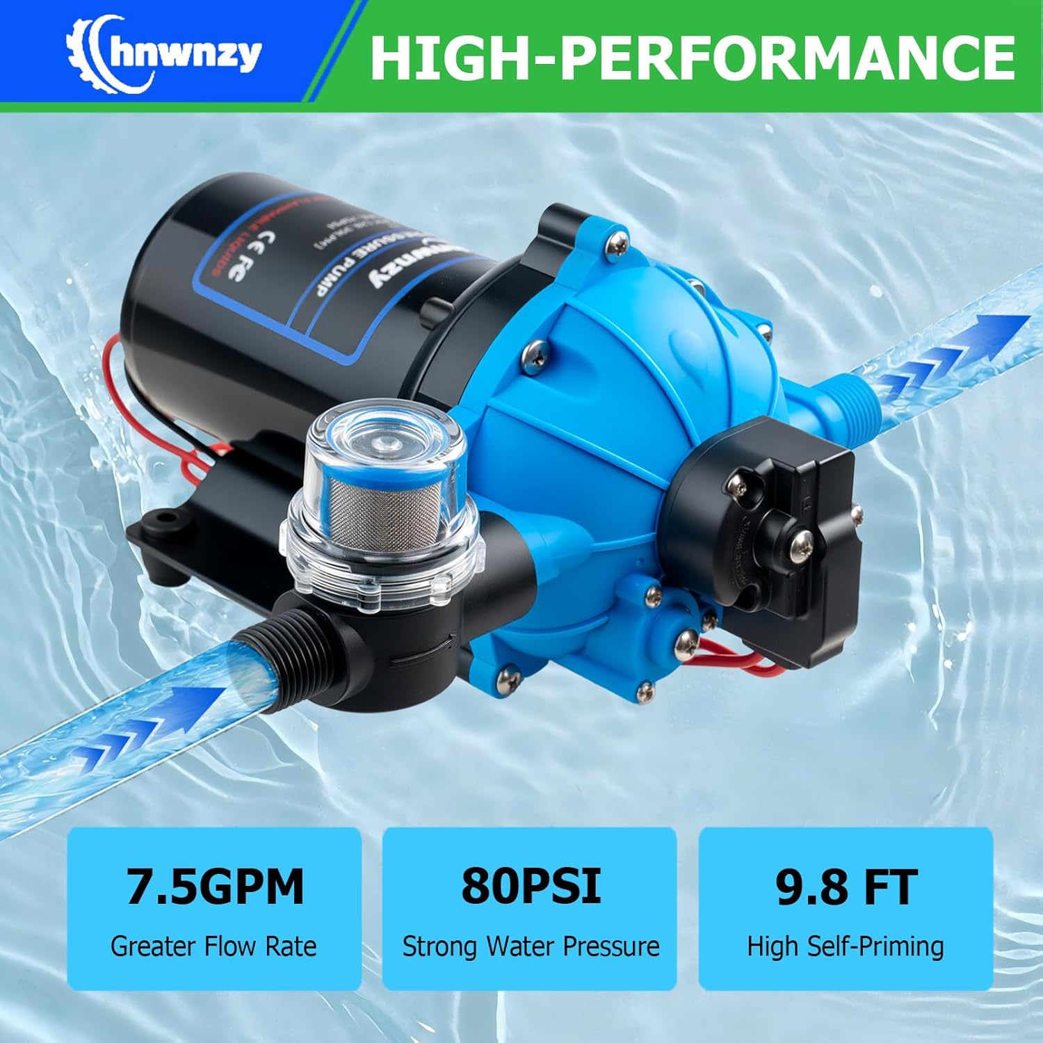 7.5GPM 80PSI RV Water Pump,12V DC Fresh Washdown Pump Kit,Self-Priming Diaphragm Water Pump with Pressure Switch for RV, Boats, Garden, Yacht, Camping