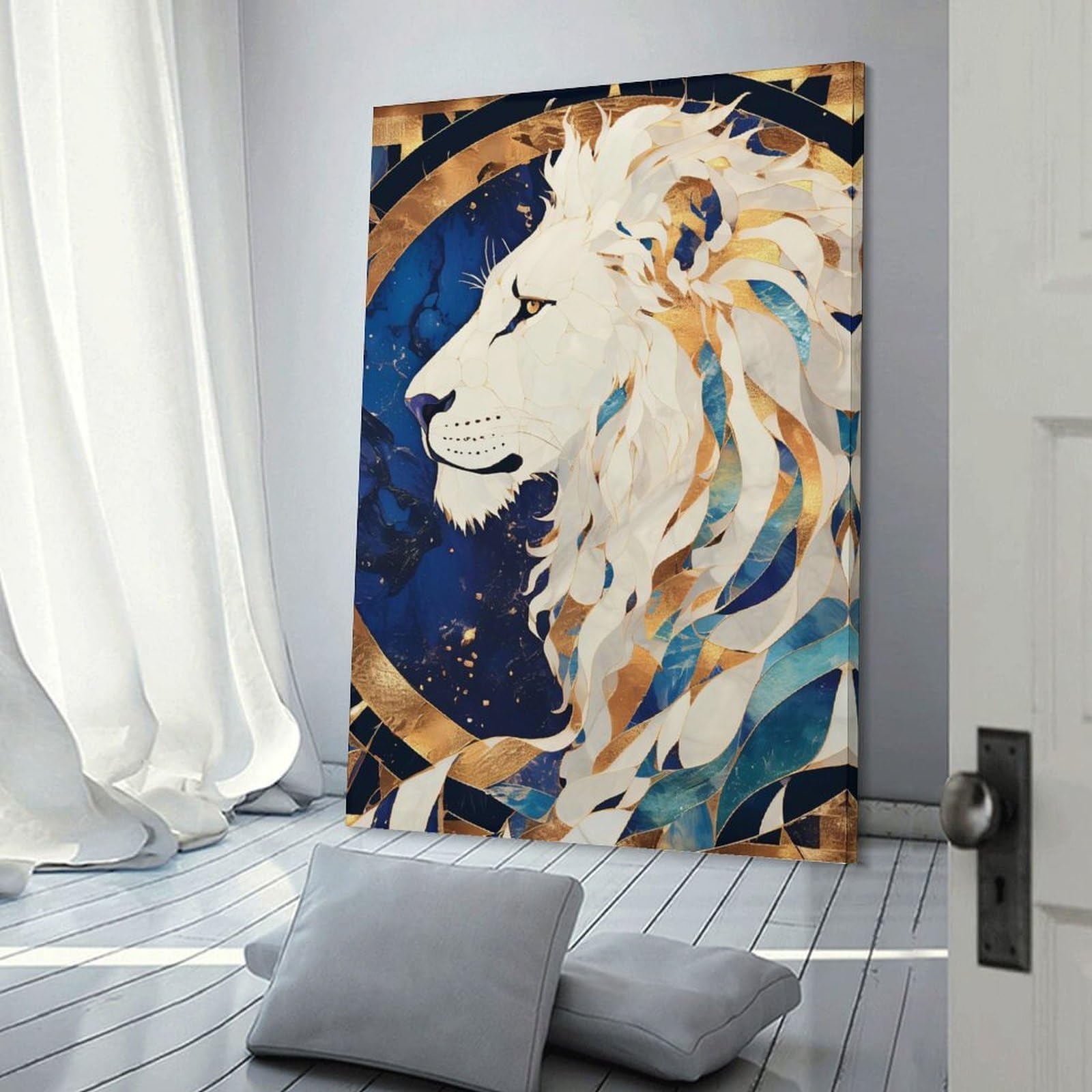 Junmoney Lion Portrait in Blue And Gold Canvas Art Print 24x36inch(60x90cm), for New Homes, Bedrooms Or Workspaces, Gift Idea for Housewarming And Birthdays