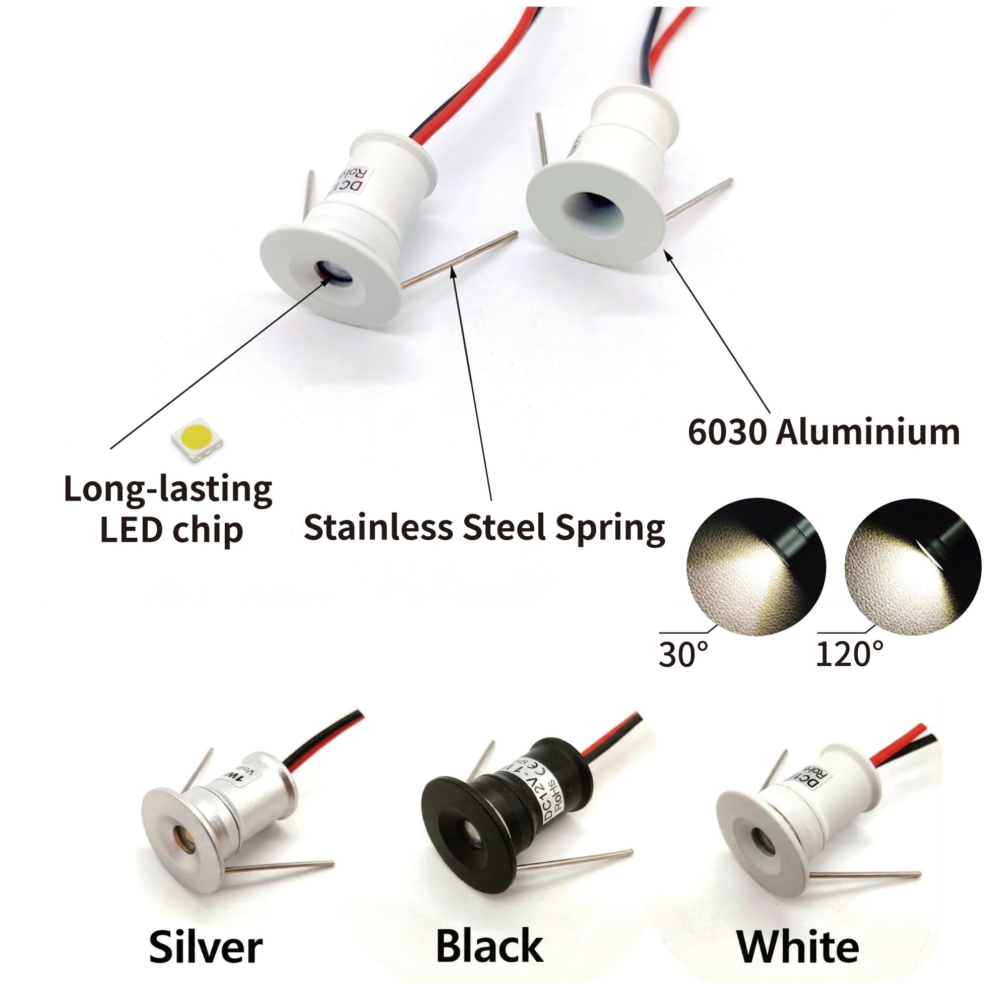 9SZT 12V 1W Mini LED Lampa Spotlight, IP65 Wodoodporna Lampa Wbudowana do Wystaw, Użycie Wewnętrzne Kuchnia Schody Szafka Korytarz Oświetlenie DIY (Biały Biały Ciepły 30°)