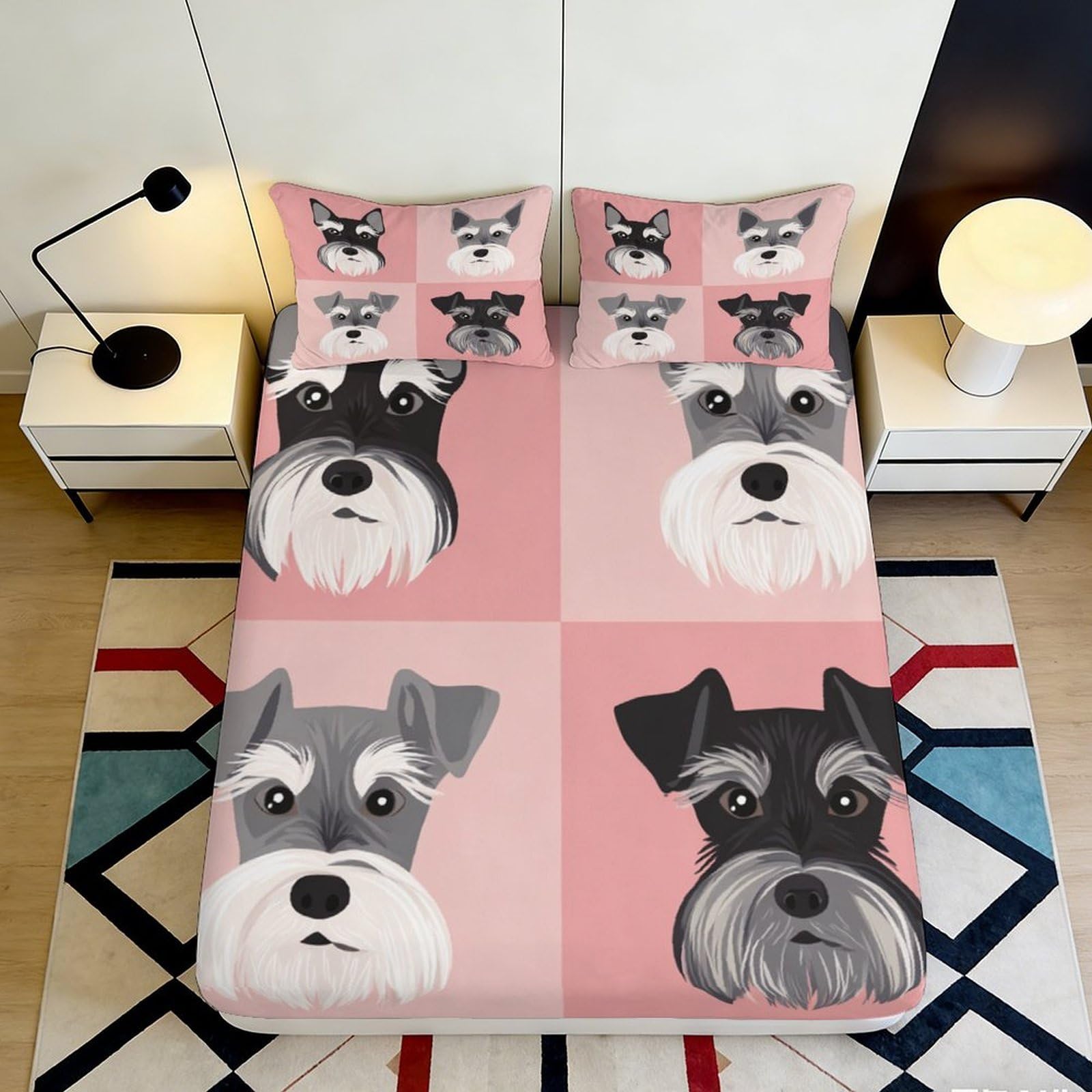 3D Printed Schnauzer Dog Fitted Sheet Microfiber Pink Animal Bed Cover for Bedroom Dorm Mattress Protection Decor 90x200x25cm