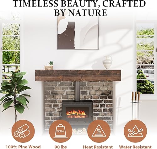 Miniatura 77 de Mantel de chimenea de 60 pulgadas, estante de mantel hecho a mano para sobre chimenea, mantel de madera con soporte invisible resistente, estantes