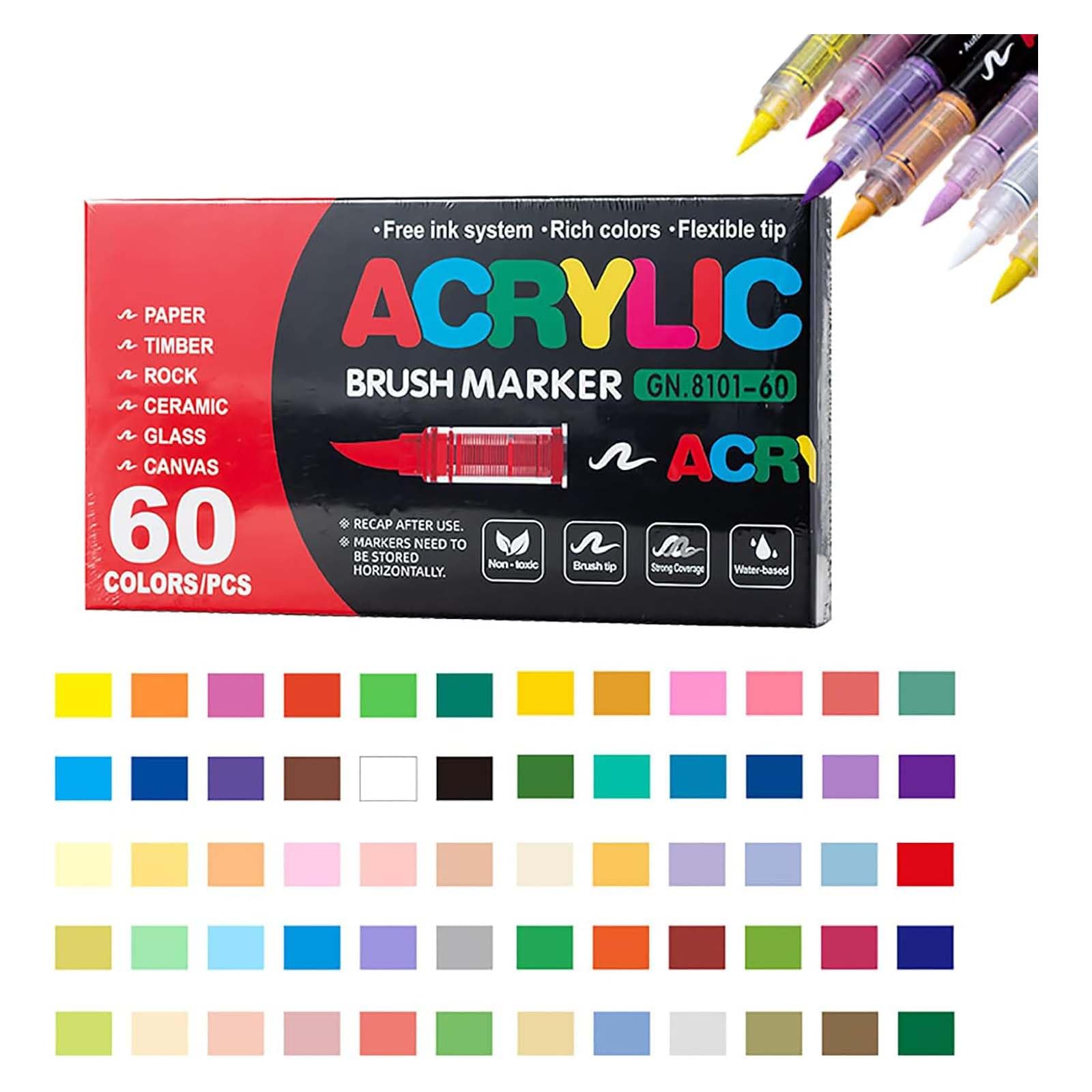 Stellaya Acryl-Marker für Malbücher, gerade, flüssige Acryl-Marker, Acryl-Pinselmarker für Erwachsene, Acrylfarben-Marker, Stiftpinsel, Doppelspitze, Acrylfarben-Marker (60 Farben)
