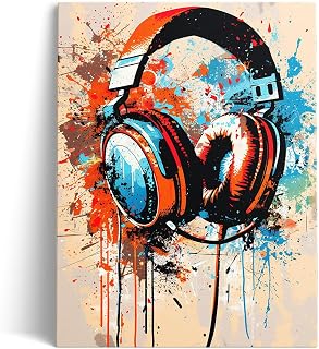 Ypxzzj Graffiti Headphone Canvas Wall Art Poster Musical Theme Print Colorful Earphone Music Picture Gaming Decor for Boys Bedroom Living Room Games Room Home Decor Framed Ready to Hang (12''x16'')
