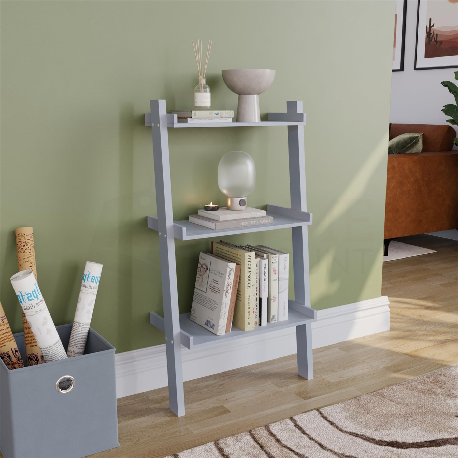 Vida Designs York 3 Tier Ladder Bookcase | Light Grey | 100.5H x 56W x 32.5D cm | Leaning Shelf Display Storage Unit with Open Shelves | Modern Bookshelf for Living Room, Bedroom or Home Office