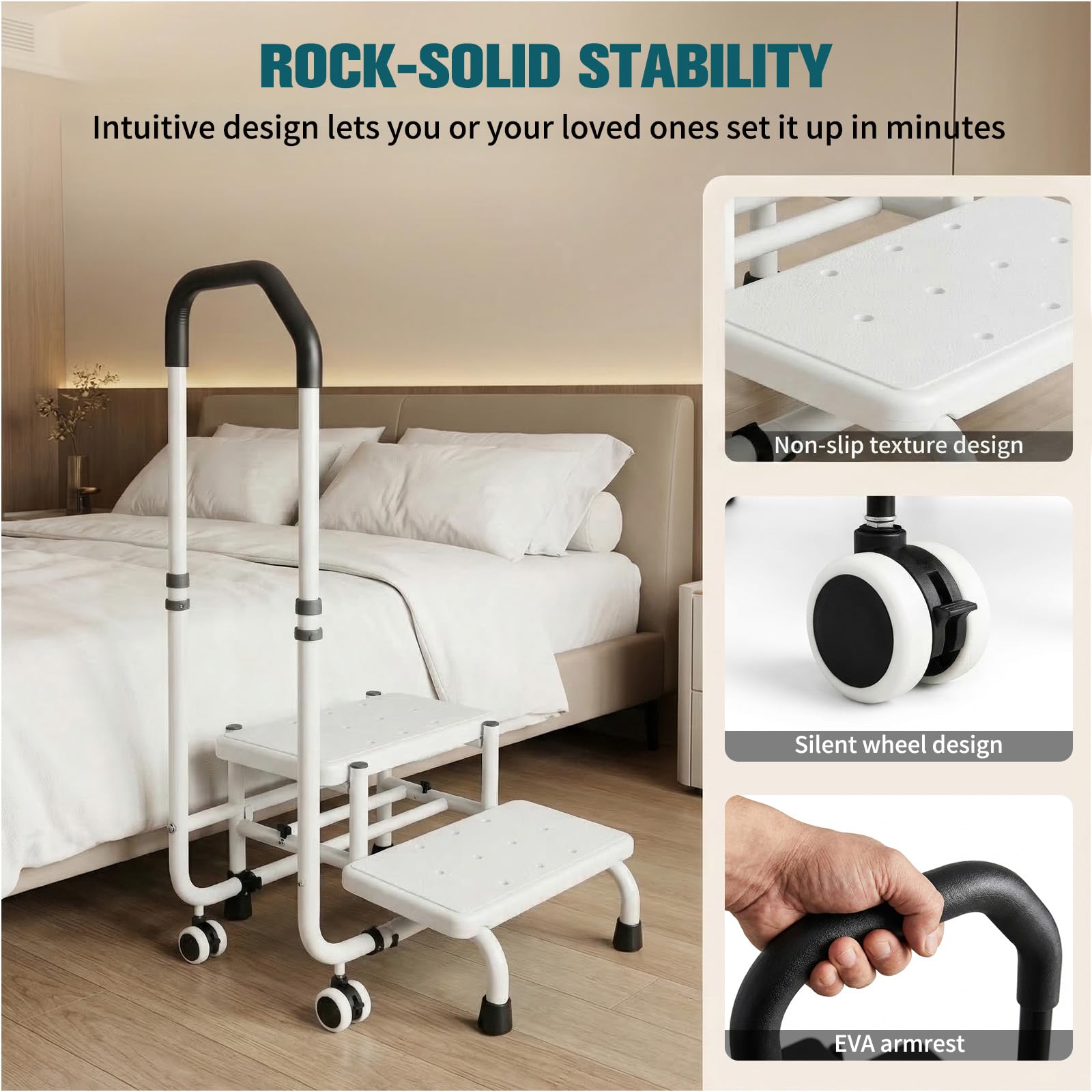 Stołek z uchwytem – stopień wanny z uchwytem, 5 wysokości od 95 cm do 105 cm, nośność do 100 kg, do łóżka, kuchni, przyczepy kempingowej, wanny, pomoc przy wejściu