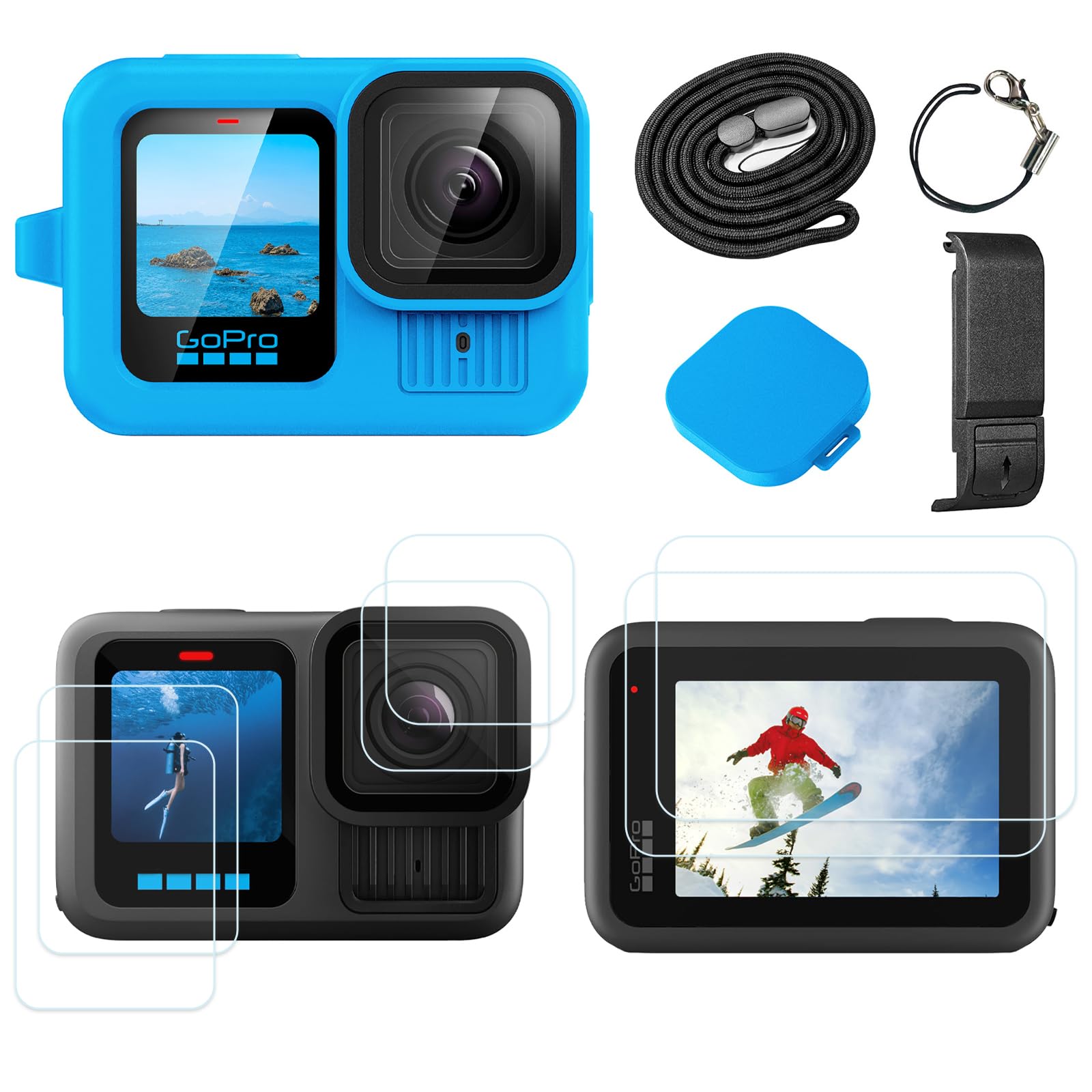 Silicone Sleeve Case for Go Pro Hero 13 Black, Battery Side Cover & Screen Protectors & Lens Caps & Lanyard for Hero 13 Black Accessories Kit (Blue)