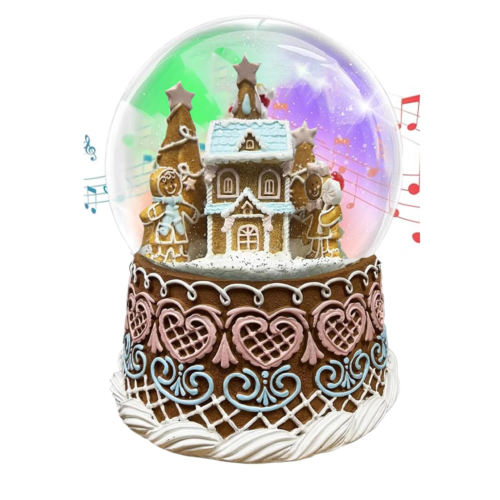 Aobaks Christmas Snow Globe, 150mm Gingerbread House Christmas Oversized Resin Lighted Musical Snowflakes Snowglobes, Color Changing Illuminated Water Globe?Musical Gingerbread Decor with Adapter.