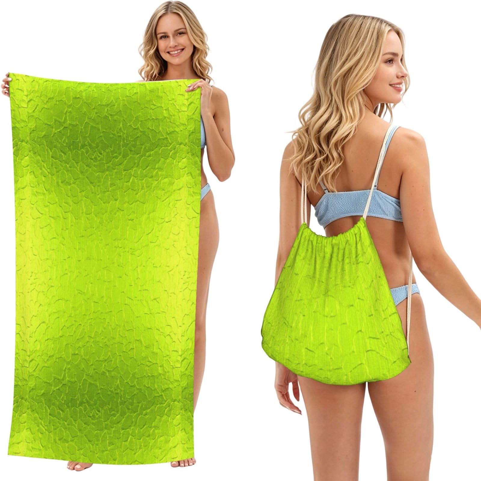 Poadnly Lime Green Modern Abstract Background, 2 in 1 Packable Towel Bag, Beach Towels with Drawstring Backpack for Travel Holiday Camping