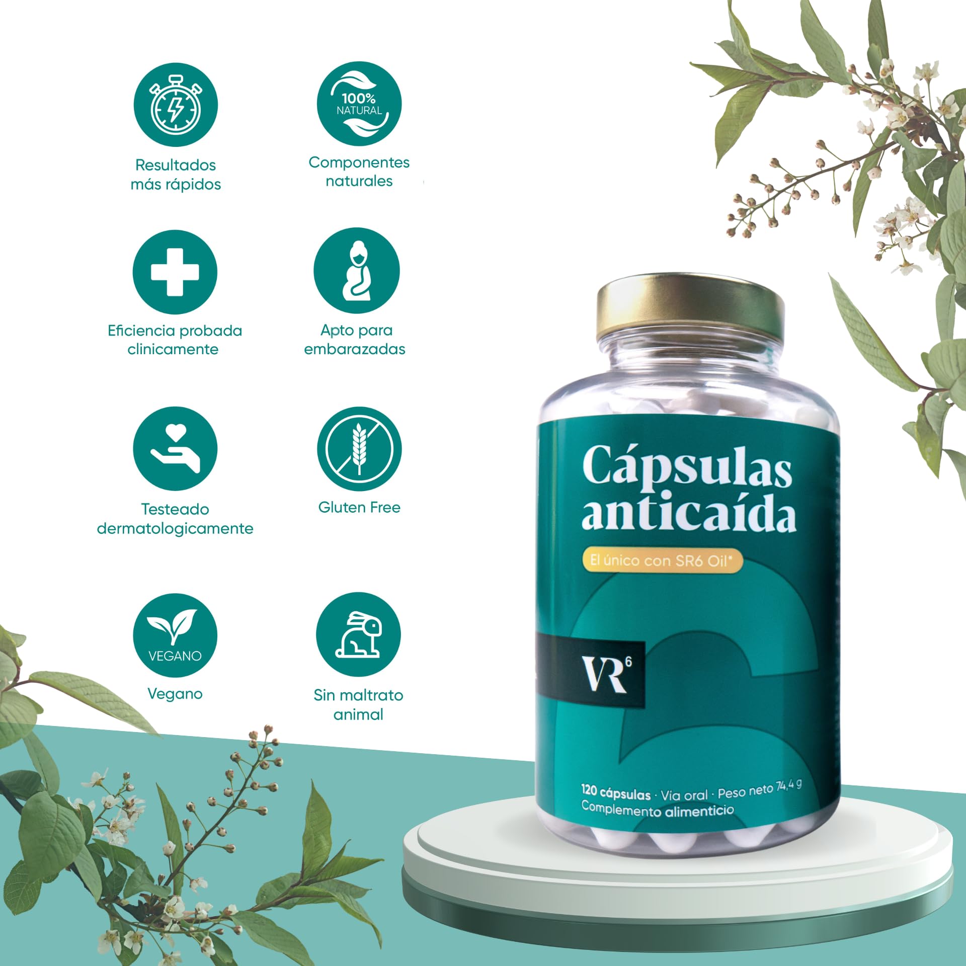 VR6 Hair Cápsulas Anticaída Cabello Mujer y Hombre 120 Uds Biotina Zinc Vitaminas B5 B6 E SR6 Oil