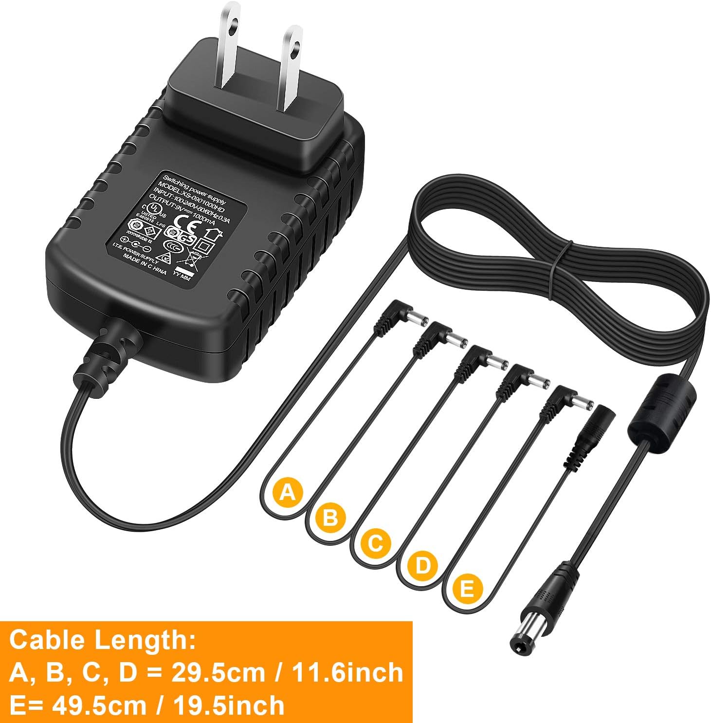 NEUMA Guitar Effects Pedal Power Supply Adapter 9V DC 1A (1000mA) with Cable 5 Way Daisy Chain Cord