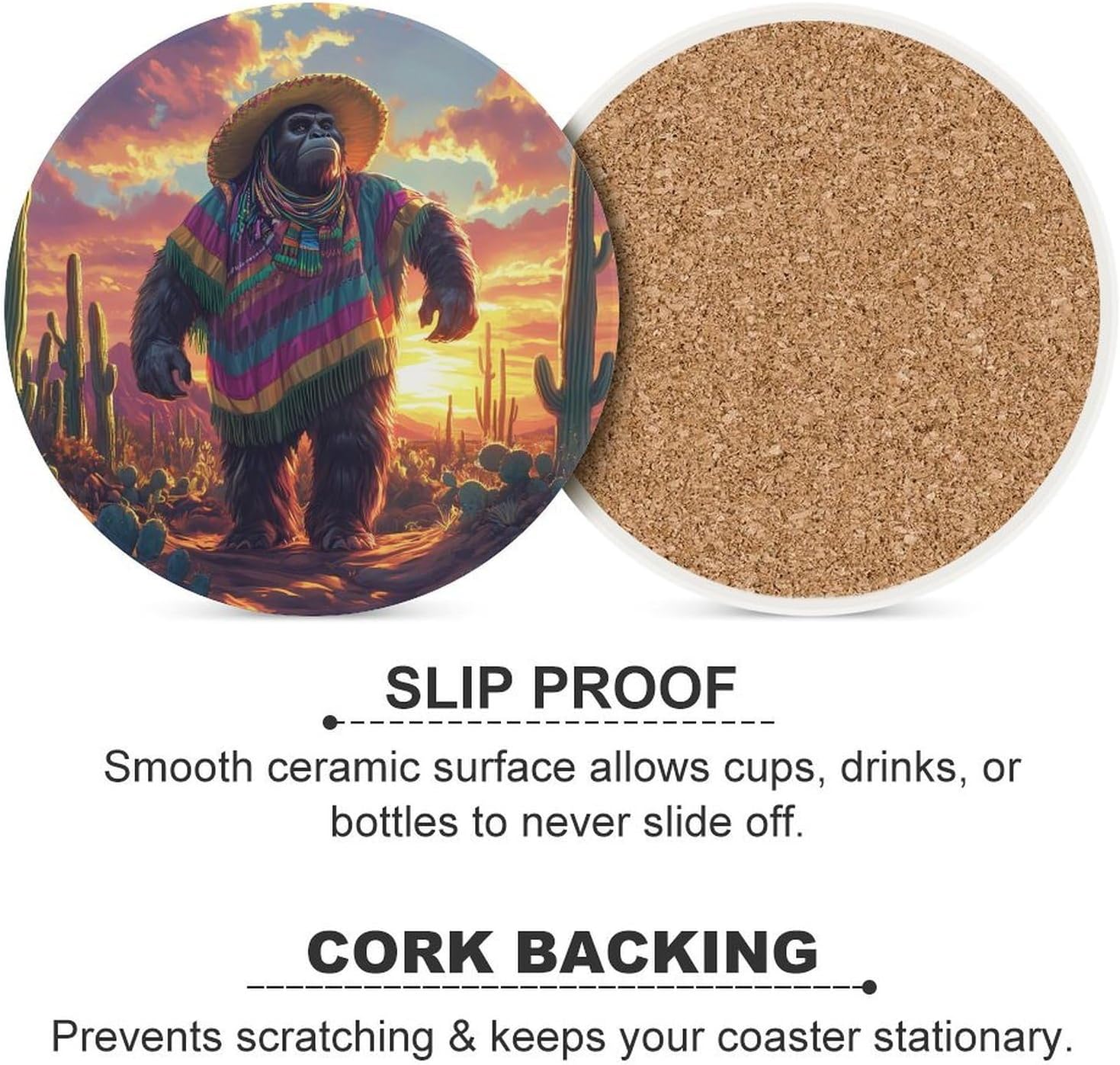 Guardian Bigfoot Sasquatch Coasters for Drink Round Ceramic Coaster with Cork Base Home Decorative 4PCS