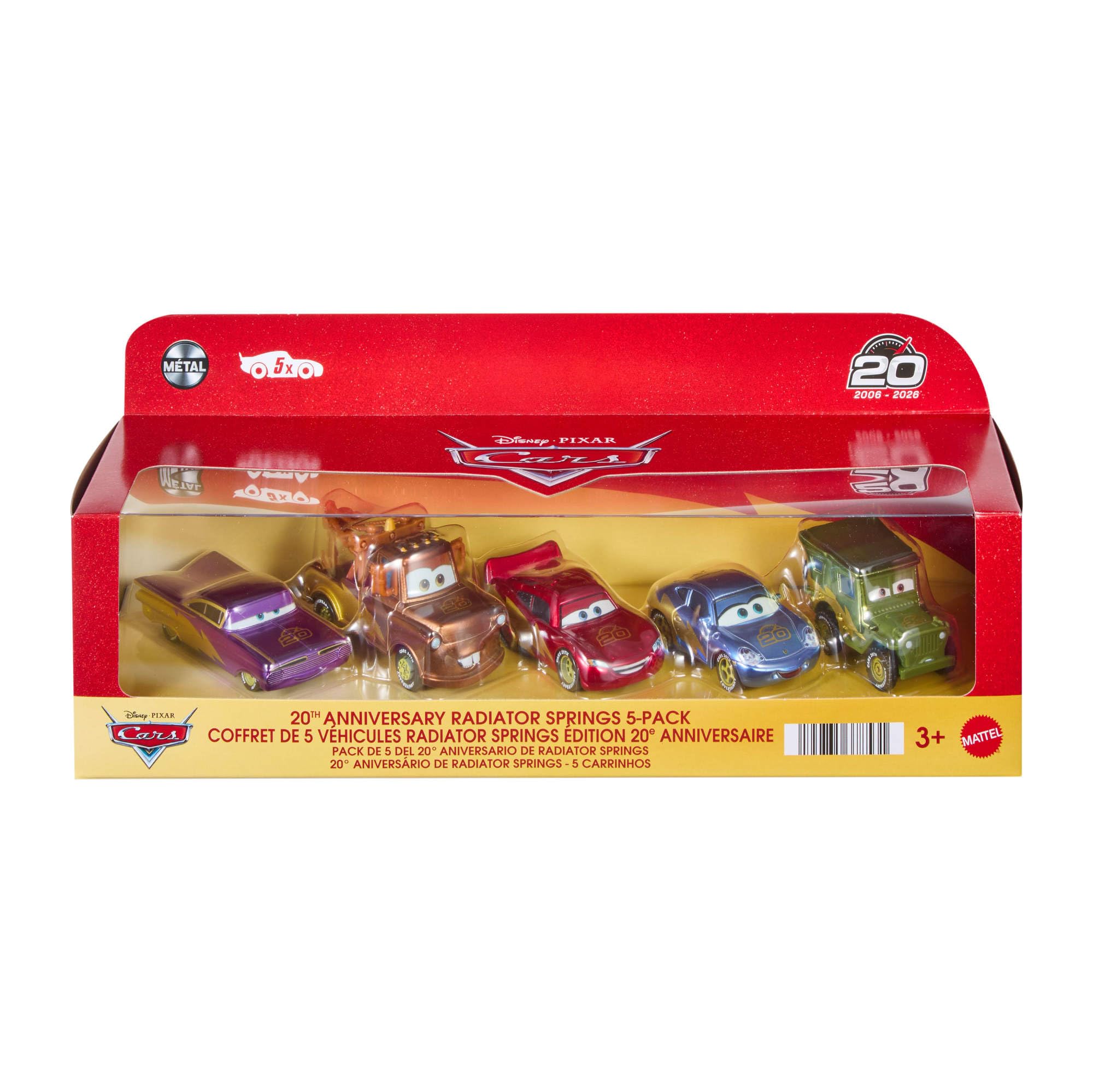 Mattel Disney Pixar Cars - Set Radiator Springs 20° Anniversario, 5 Veicoli dei Personaggi più amati, Saetta McQueen, Mater, Sally, Ramone e Sarge, 3+ Anni, JMJ85