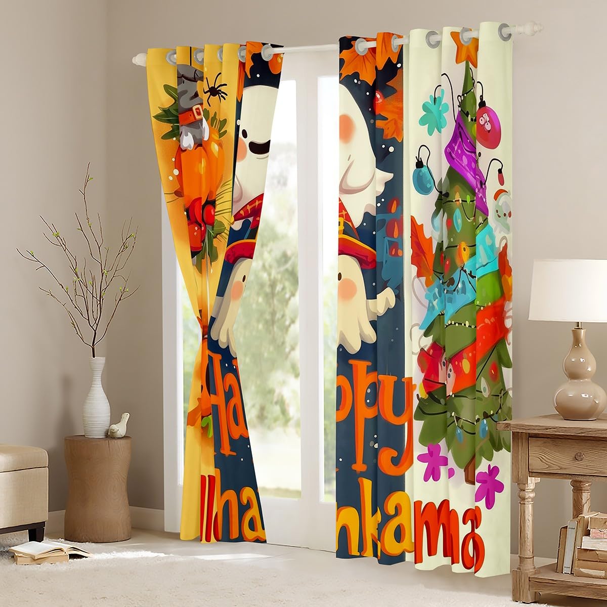 Homewish Kreskówkowy duch pająk zasłony zaciemniające, Halloween dekoracje choinkowe zasłony okienne 2 zestawy paneli 132 x 160 cm, gotycka latarnia dynia, Święto Dziękczynienia, święto, zasłony