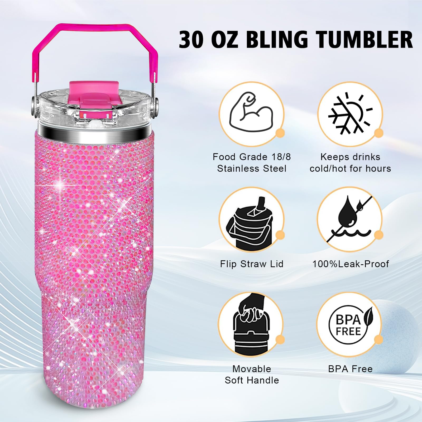 Trinkbecher mit Strasssteinen und Griff oben, 850 ml, Edelstahl-Wasserflasche, Diamant-Glitzer-Becher für Frauen, Geburtstagsgeschenke für Frauen, Mutter, Ehefrau, Freundin (850 ml, Fuchsia)