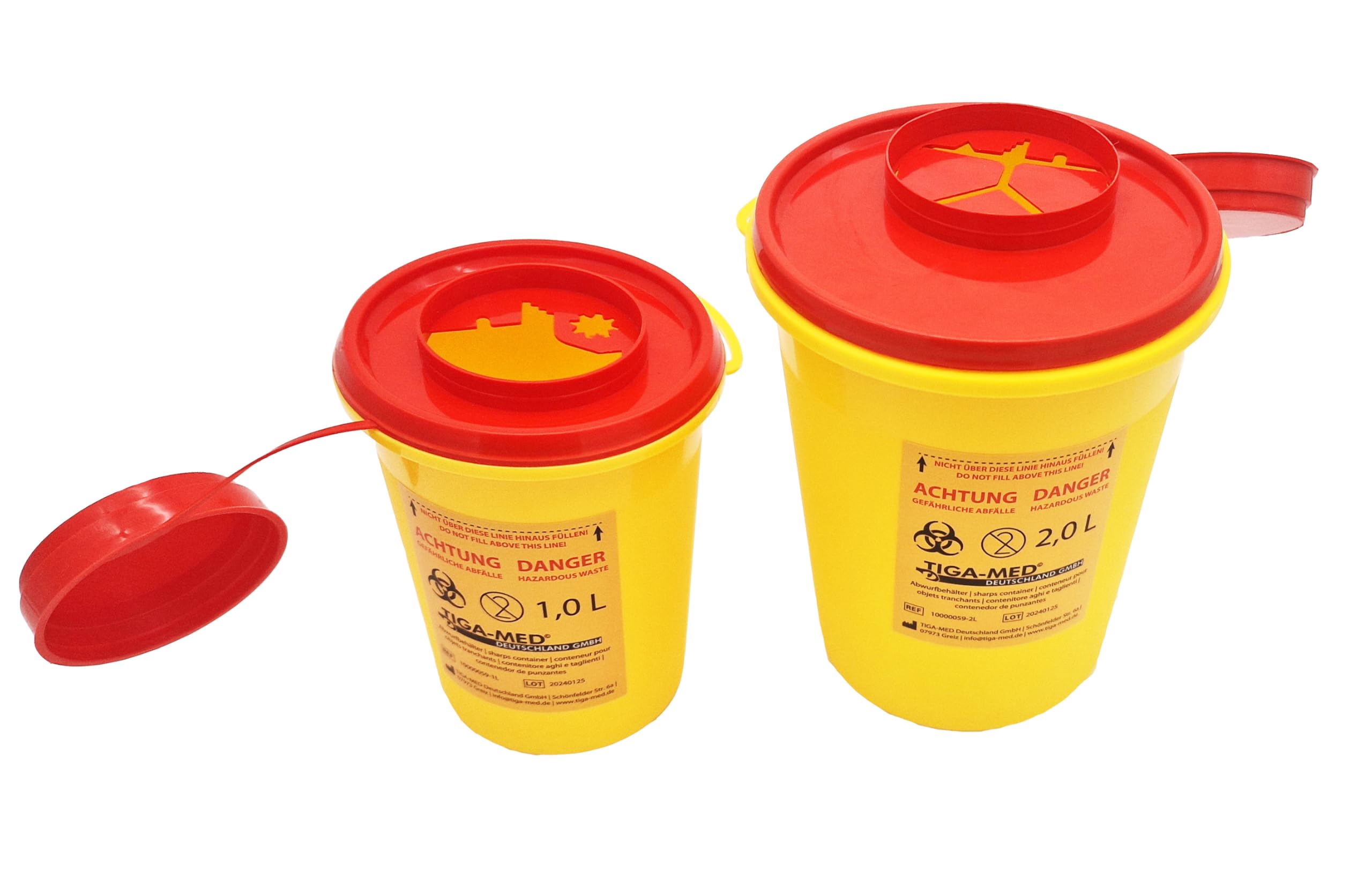 TIGA-MED Kanülenbehälter 1 Liter – 100 Stück – durchstichsichere Abwurfbox mit Sicherheitsdeckel – Entsorgungsbehälter für Nadeln, Spritzen & Lanzetten – Großpack für Klinik & Praxis