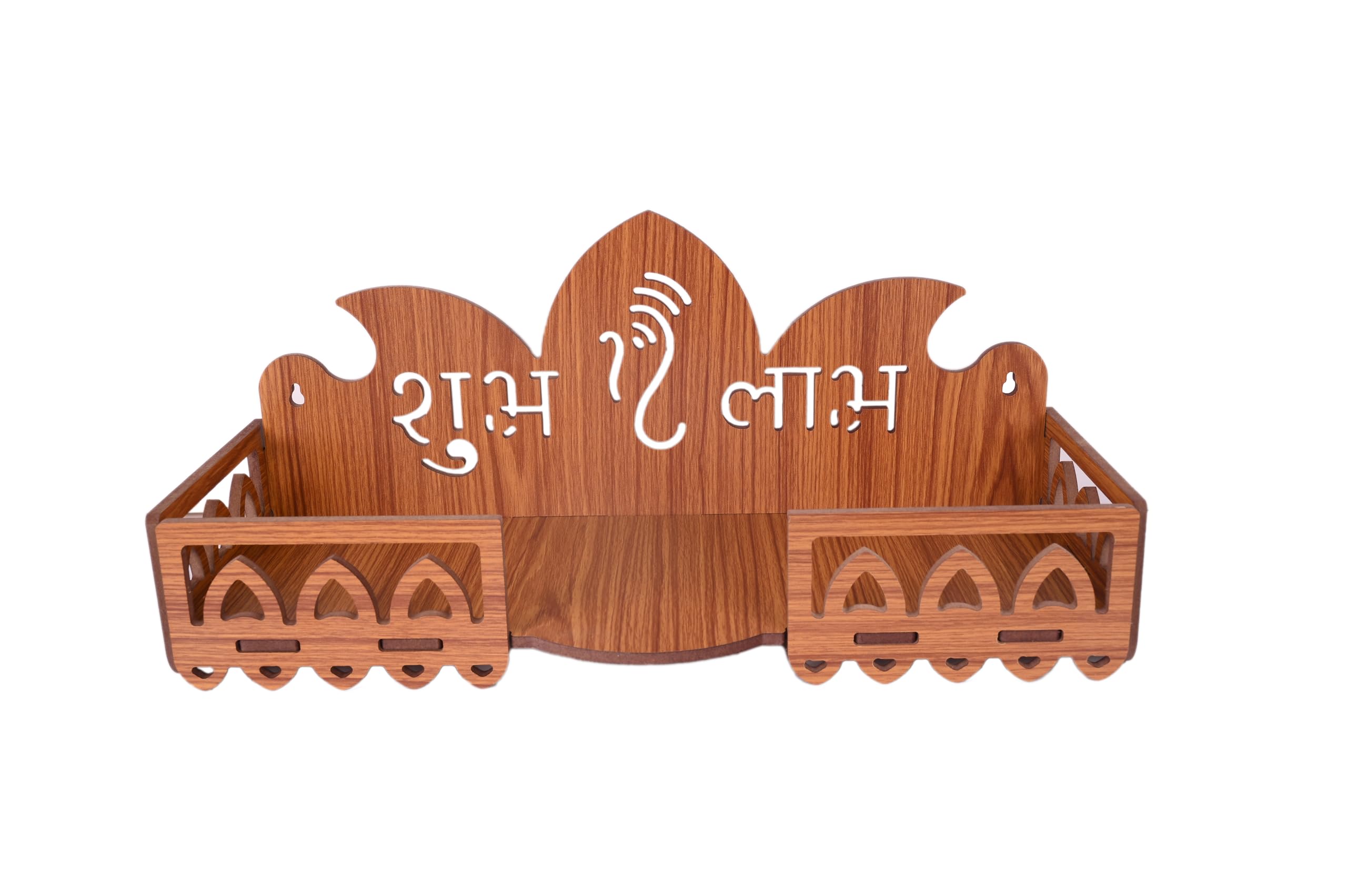 AR ART Wooden Polished Temple Shubh Laabh Design Temple for Home & Office Puja Mandir for Home Wall Mounted (L-16.5, W-6, H-6.50Inch) (Light Brown) Style_29