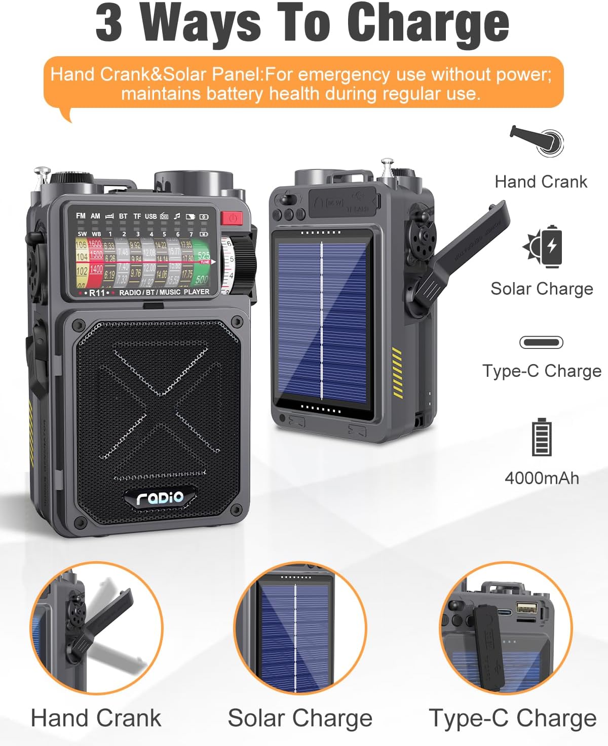 R11 Portable Shortwave Radio - 4000mAh/14800mWh NOAA/SW/AM/FM, Solar/Hand Crank/USB Charging, Bluetooth Receiver/USB/TF Playback,with Compass,Flashlight,SOS for Camping & Emergencies - Grey - Image 8