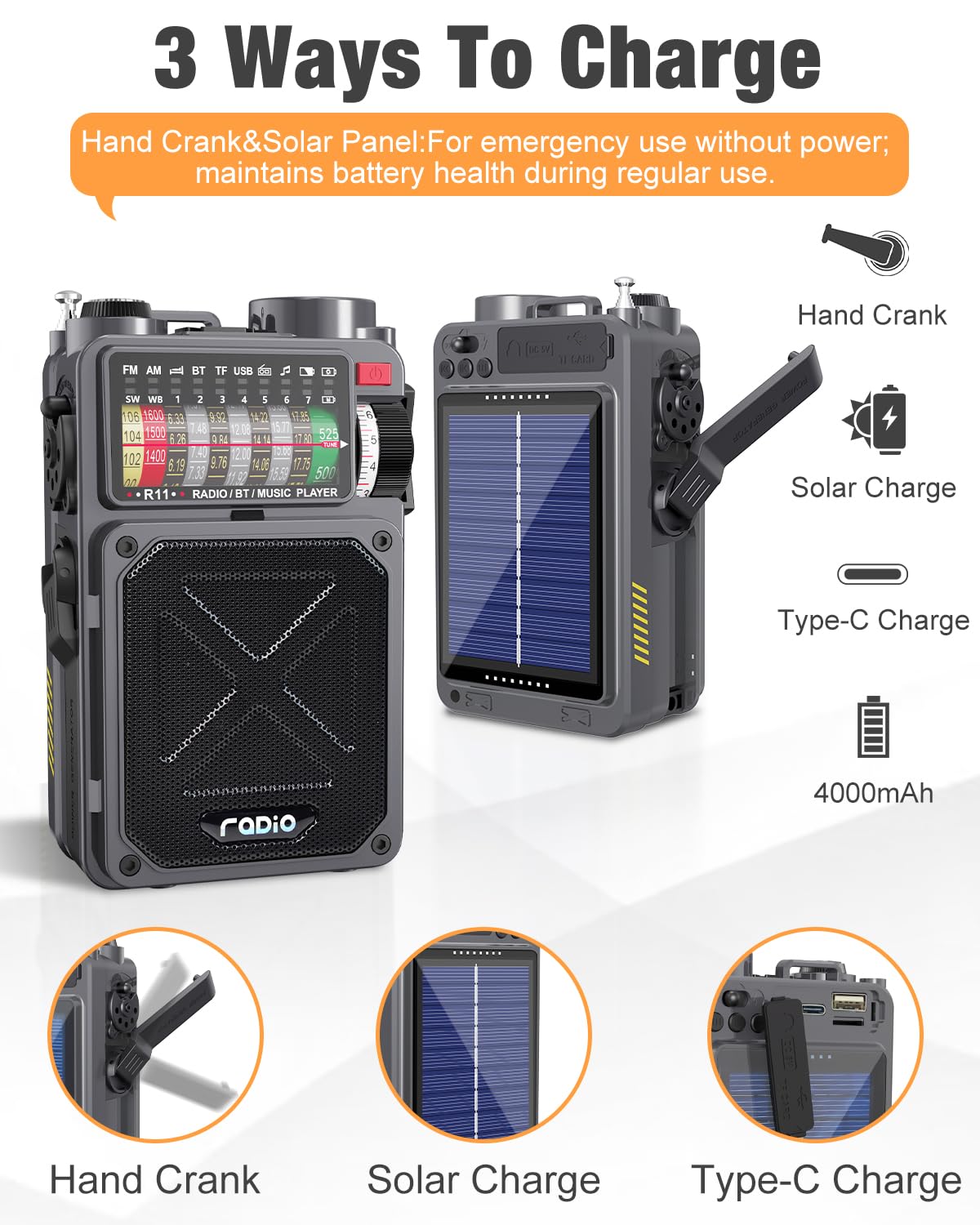 Emgykit R11 - Radio portátil de onda corta - 4000 mAh/14800 mWh NOAA/SW/AM/FM, solar/manivela de mano/carga USB, receptor Bluetooth/reproducción USB/TF, con brújula, linterna, SOS para camping y