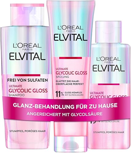 L'Oréal Paris Elvital Glycolic Gloss Bundle mit Shampoo, Spülung, 5 Minuten Haar-Laminierung für glanzloses Haar, Pflegeroutine für gesunde Haare und starken Glanz, Set mit Glykols