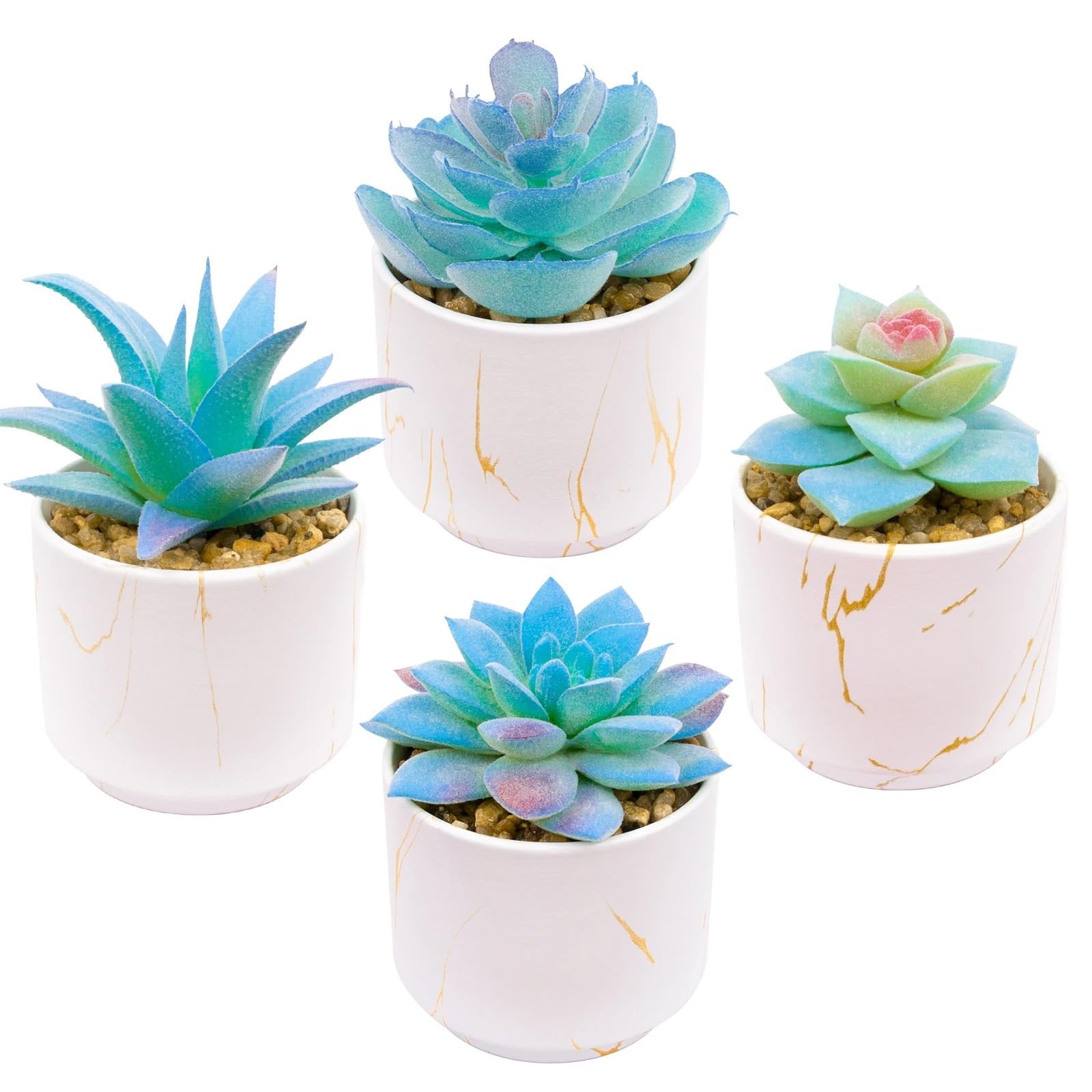 Mini Künstliche Sukkulenten Pflanzen 1 Set mit 4 Stück, Blaue künstliche Sukkulenten-Keramiktöpfe, simulierte Topfpflanze for Zuhause.