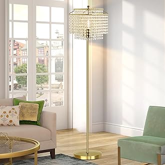 Gold Crystal Floor Lamp, 64" Tall Elegant Standing Lamp with On-Off Foot Switch, Double-Layer Lampshade, Standing Floor Lamps for Living Room, Bedroom, Office, 8W LED Bulb Included