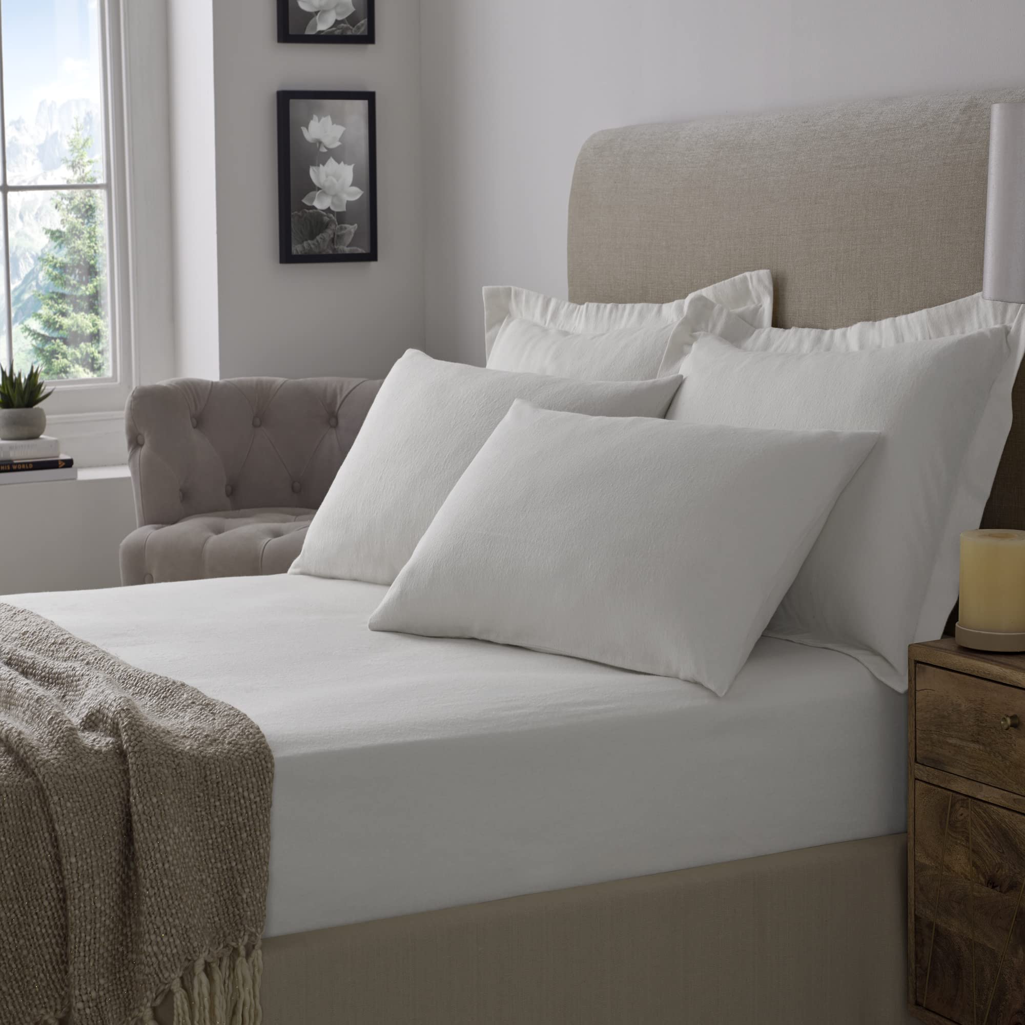 Flannelette 100% Brushed Cotton Soft 16"/40CM Extra Deep Fitted Sheets (King, White)